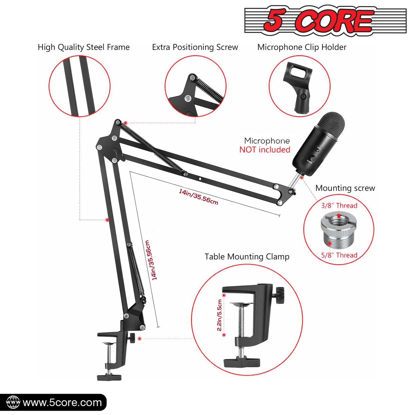 5 Core Microphone Boom Arm Adjustable 360° Rotatable Mic Stand with 3/8''-5/8'' Adapter