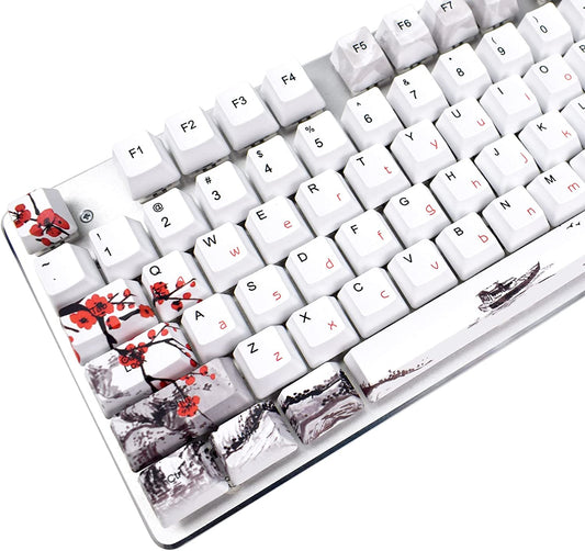 Keycaps 110 Set for Full Size Mechanical Keyboard, Custom PBT OEM Profile Key Caps Japanese Style with Keycap Puller for Cherry MX 104/87/71/61 60 Percent Keyboard(Plum Blossom)