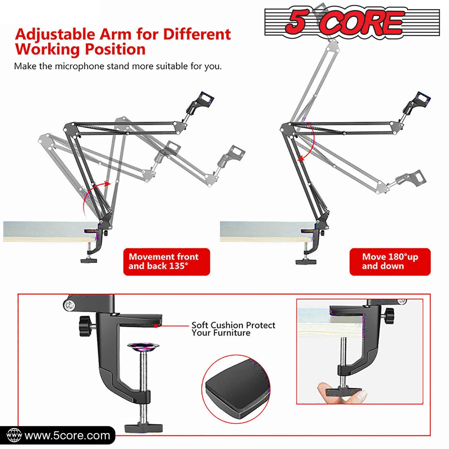 5 Core Microphone Boom Arm Adjustable 360° Rotatable Mic Stand with 3/8''-5/8'' Adapter