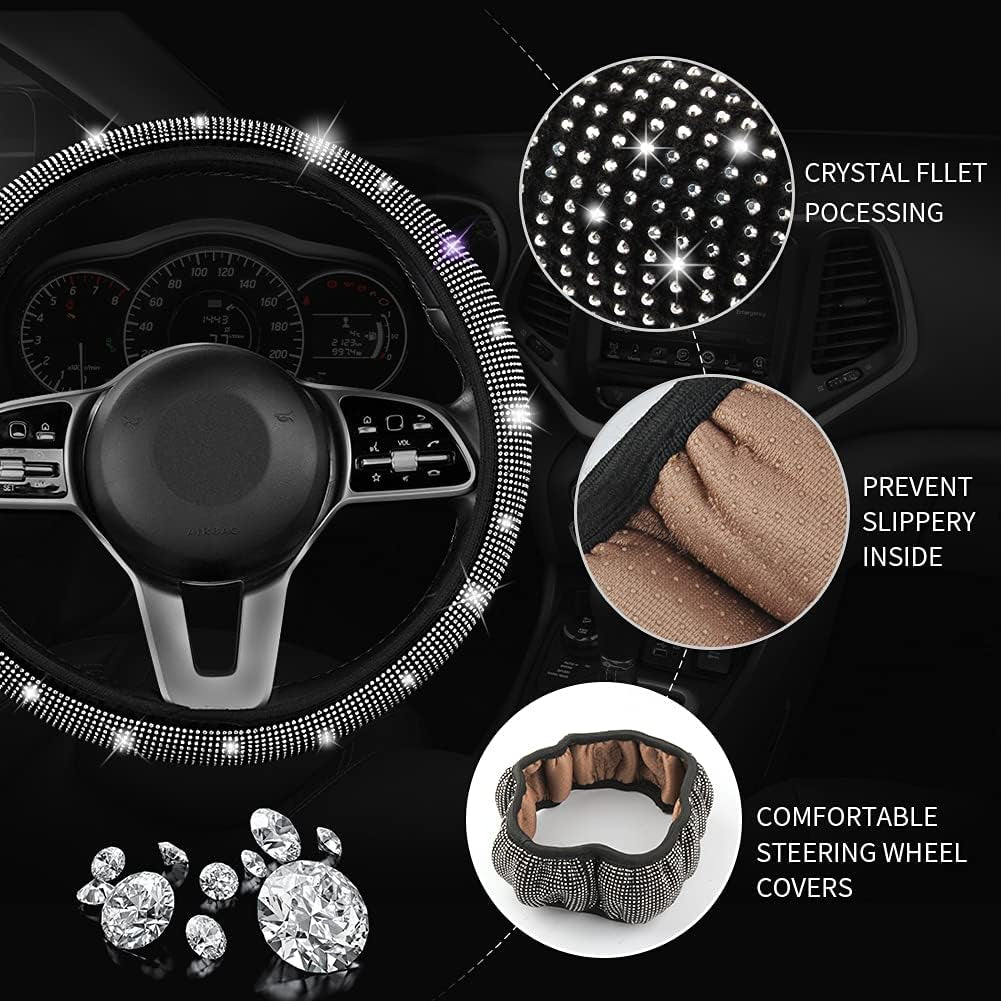 Diamond Bling Steering Wheel Cover for Women Foldable Universal Fit 15 Inch, Bling Auto Center Console Protective Cover, Crystal Shift Gear Cover, Car Coasters (White)