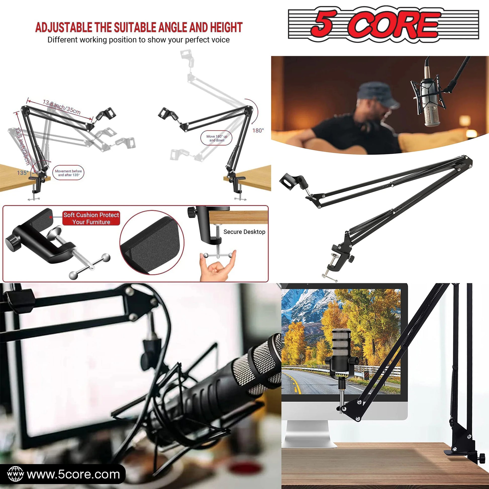 5 Core Microphone Boom Arm Adjustable 360° Rotatable Mic Stand with 3/8''-5/8'' Adapter