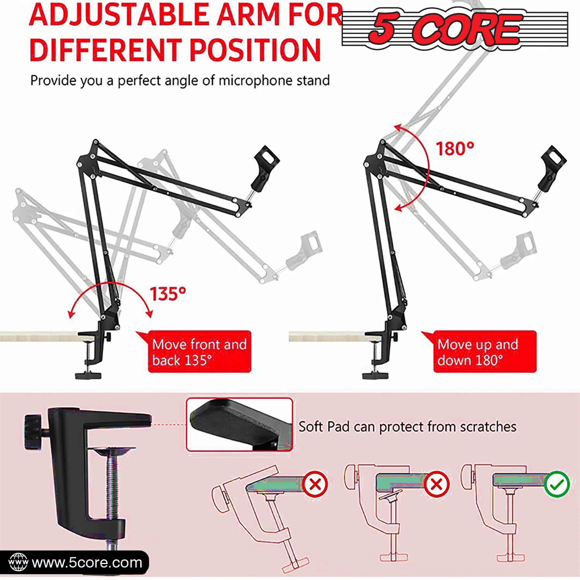 5 Core Microphone Boom Arm Adjustable 360° Rotatable Mic Stand with 3/8''-5/8'' Adapter