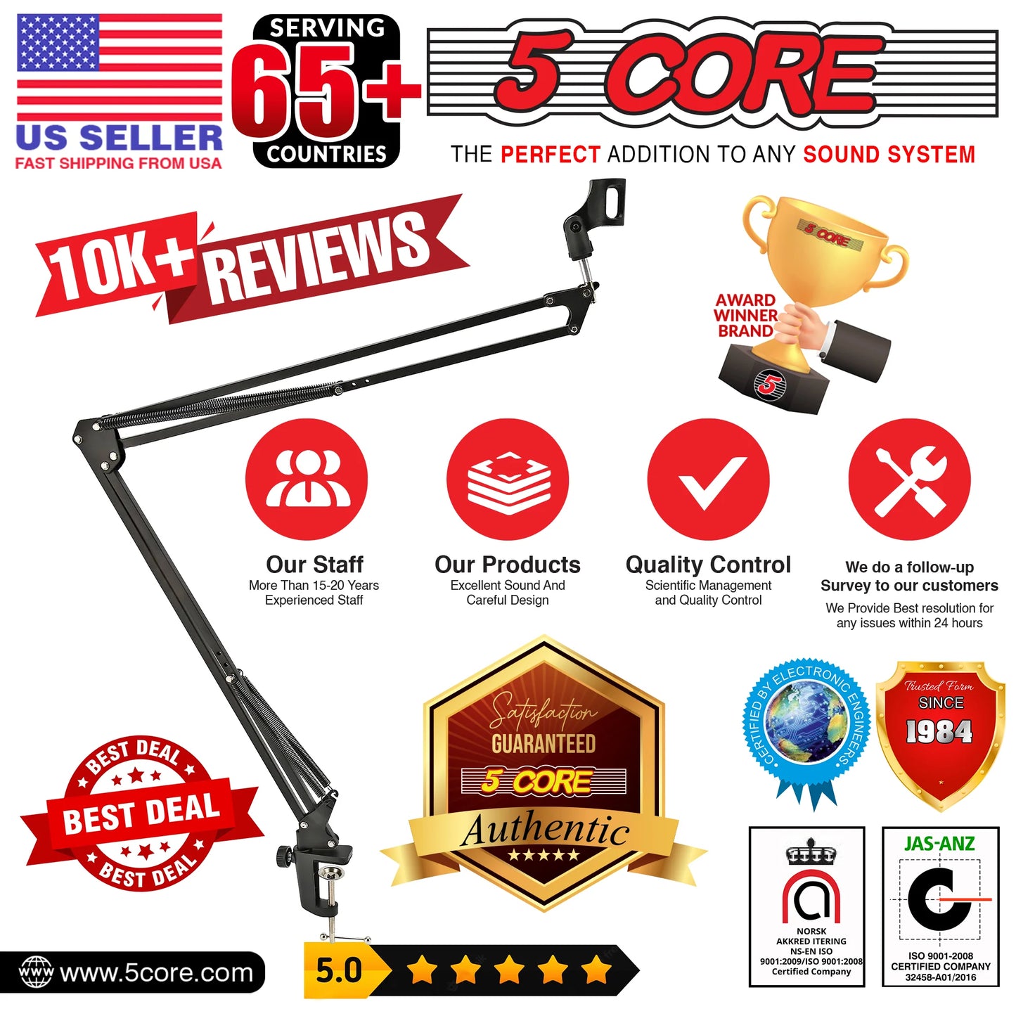 5 Core Microphone Boom Arm Adjustable 360° Rotatable Mic Stand with 3/8''-5/8'' Adapter