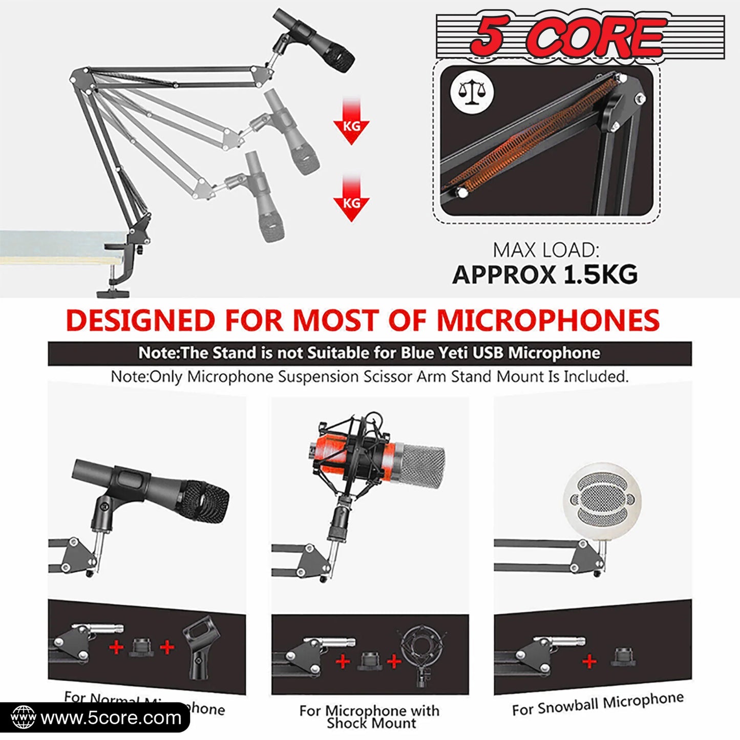 5 Core Microphone Boom Arm Adjustable 360° Rotatable Mic Stand with 3/8''-5/8'' Adapter