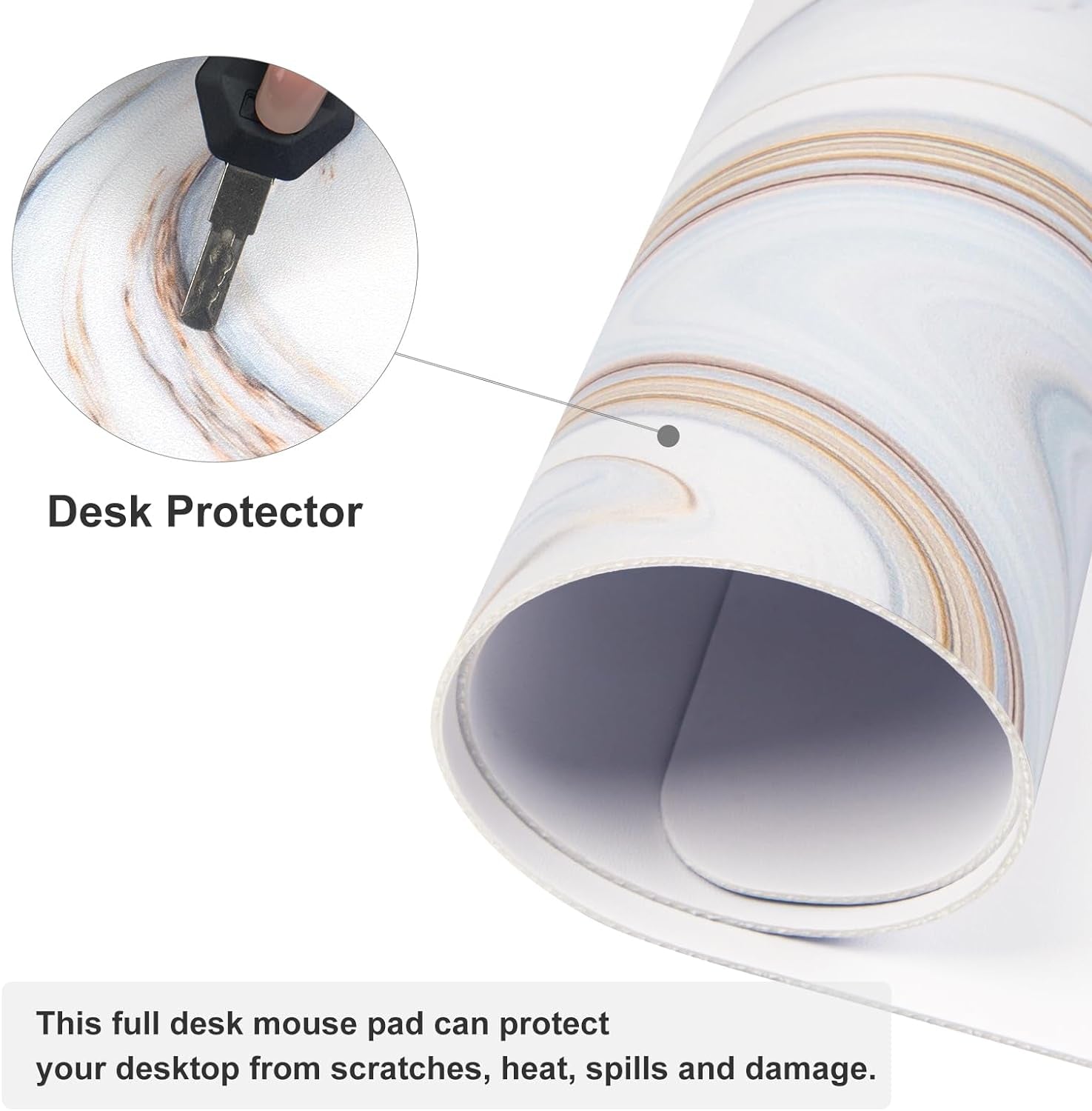 White Mouse Pad, Cute Marble Large Desk Mat, PU Leather Desk Protector Mousepad, Gold Grey Striped Waterproof Computer Keyboard Gaming Mouse Pads, Non Slip Extended Writing Pad 31.5" X 15.7"