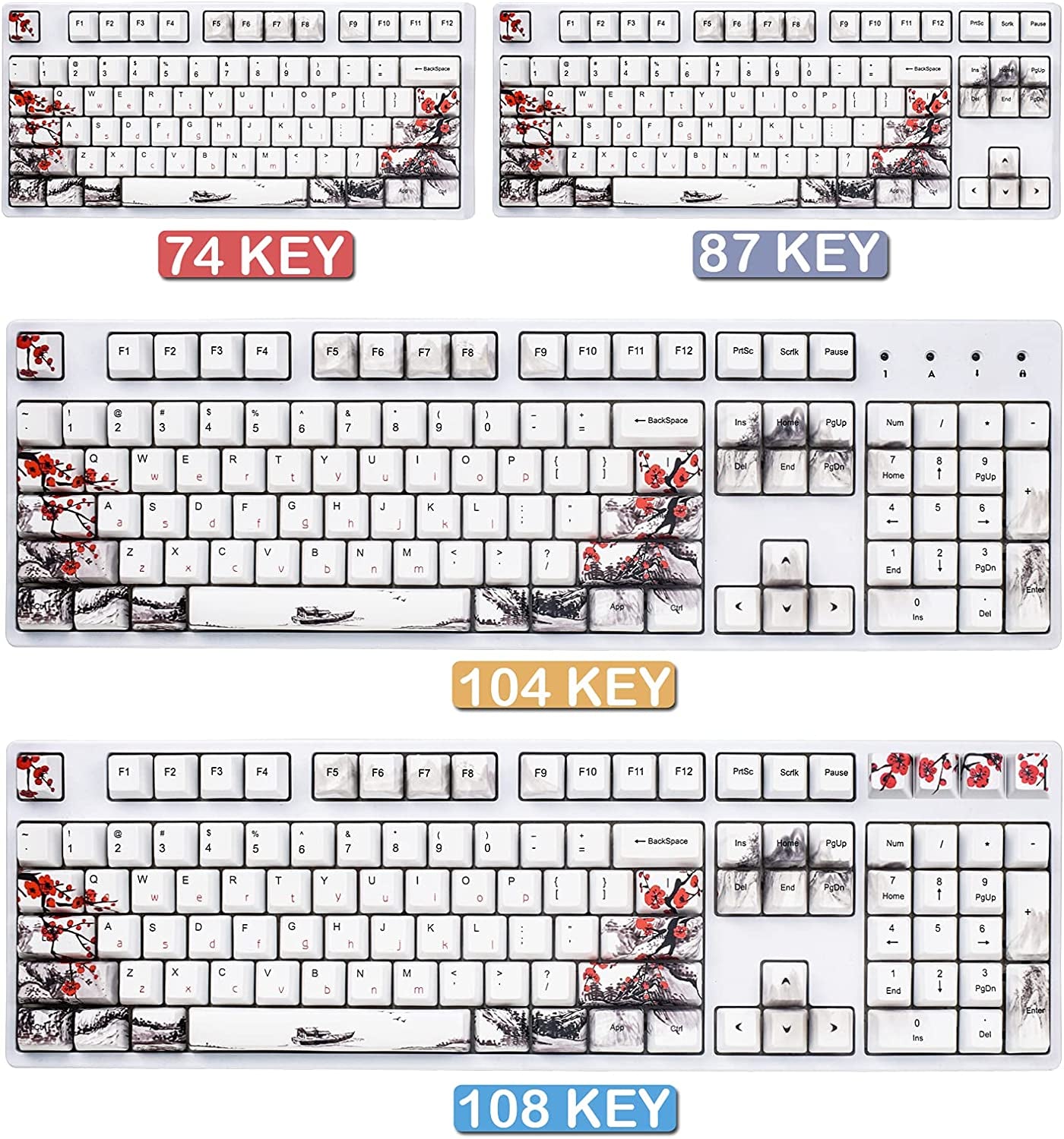 Keycaps 110 Set for Full Size Mechanical Keyboard, Custom PBT OEM Profile Key Caps Japanese Style with Keycap Puller for Cherry MX 104/87/71/61 60 Percent Keyboard(Plum Blossom)